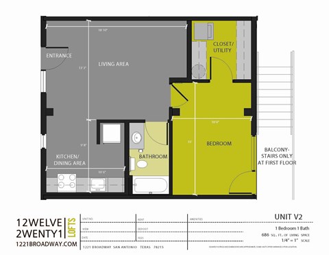 Floor plan for 1 bed, 1 bath, 686 sqft