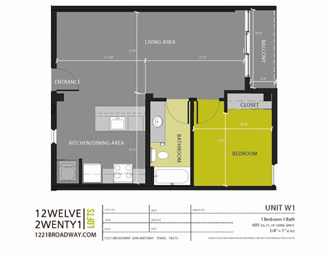Floor plan for 1 bed, 1 bath, 691 sqft