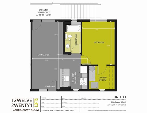Floor plan for 1 bed, 1 bath, 728 sqft