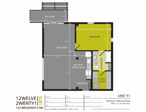 Floor plan for 1 bed, 1 bath, 925 sqft