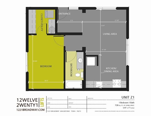 Floor plan for 1 bed, 1 bath, 728 sqft