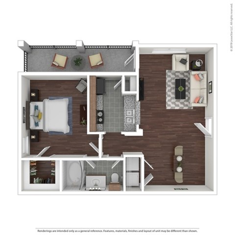 Floor plan for 1 bed, 1 bath, 726 sqft