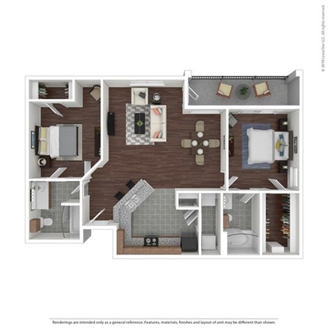 Floor plan for 2 beds, 2 baths, 1046 sqft