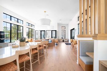 Open dining area with wooden banquette seating