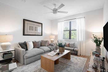 Living room with gray sofa and ceiling fan
