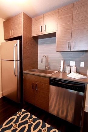 Austin apartment for rent - A modern kitchen with a stainless steel refrigerator and dishwasher.
