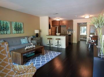 Austin apartment for rent - A living room with a brown sofa and a wooden coffee table.