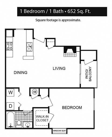 Floor plan for 1 bed, 1 bath, 652 sqft