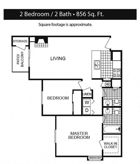 Floor plan for 2 beds, 2 baths, 856 sqft