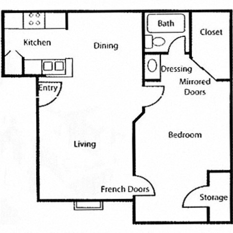 Floor plan for 1 bed, 1 bath, 601 sqft