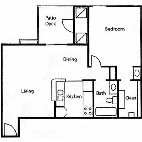 Floor plan for 1 bed, 1 bath, 805 sqft