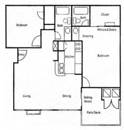 Floor plan for 2 beds, 2 baths, 933 sqft