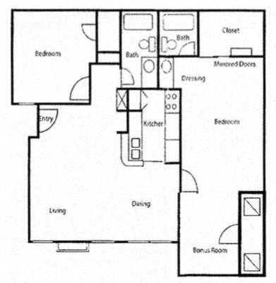 Floor plan for 2 beds, 2 baths, 1030 sqft
