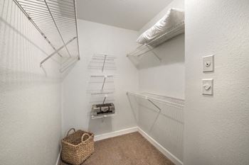 Walk-in closet with wire shelving and carpeted floor