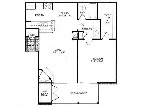 Floor plan for 1 bed, 1 bath, 660 sqft