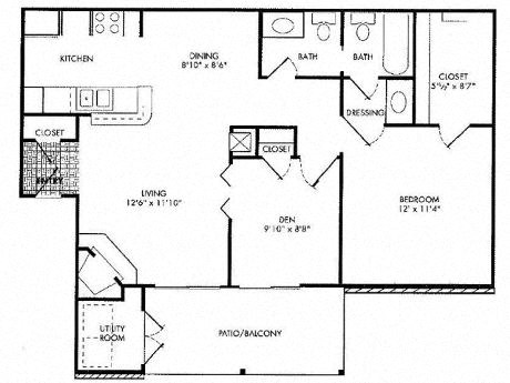 Floor plan for 1 bed, 1.5 baths, 750 sqft