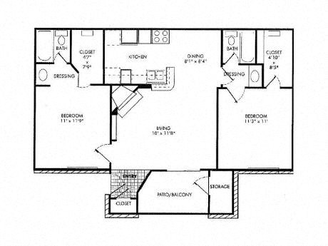 Floor plan for 2 beds, 2 baths, 865 sqft