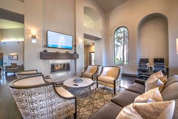 Clubhouse living area with fireplace and high ceilings