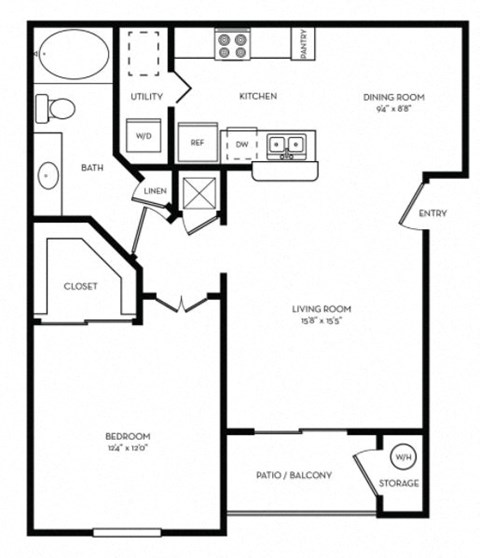 Floor plan for 1 bed, 1 bath, 737 sqft