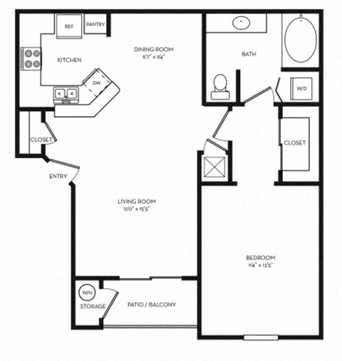 Floor plan for 1 bed, 1 bath, 763 sqft