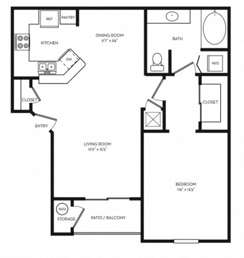 Floor plan for 1 bed, 1 bath, 763 sqft