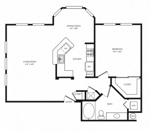 Floor plan for 1 bed, 1 bath, 924 sqft