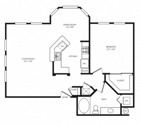 Floor plan for 1 bed, 1 bath, 924 sqft