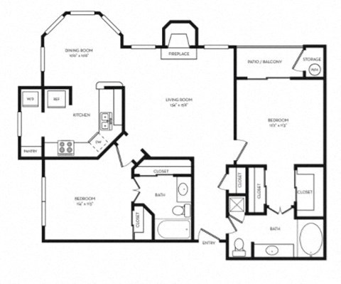 Floor plan for 2 beds, 2 baths, 1104 sqft