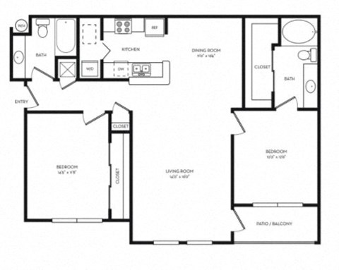 Floor plan for 2 beds, 2 baths, 1207 sqft
