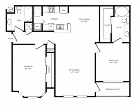 Floor plan for 2 beds, 2 baths, 1223 sqft