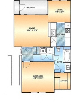 Floor plan for 1 bed, 1 bath, 632 sqft