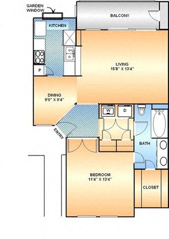 Floor plan for 1 bed, 1 bath, 771 sqft