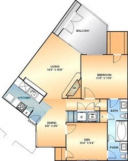 Floor plan for 2 beds, 1 bath, 884 sqft
