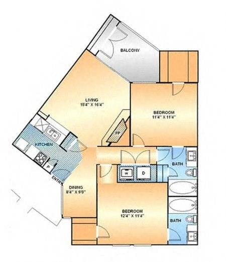 Floor plan for 2 beds, 2 baths, 971 sqft