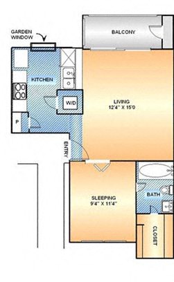 Floor plan for 1 bed, 1 bath, 484 sqft
