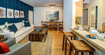 San Antonio apartment for rent - A living room with a white couch and a wooden coffee table.
