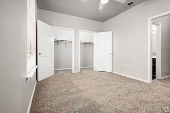 Bedroom with dual walk-in closets and carpet