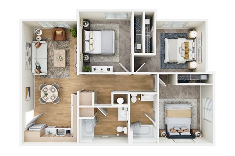 Floor plan for 3 beds, 2 baths, 997 sqft