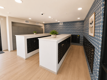 Package room with white counters and black mailboxes