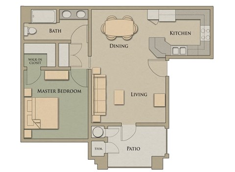 Floor plan for 1 bed, 1 bath, 750 sqft