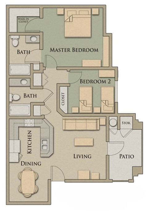 Floor plan for 2 beds, 2 baths, 943 sqft