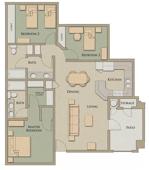 Floor plan for 3 beds, 2 baths, 1145 sqft