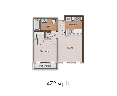 Floor plan for 1 bed, 1 bath, 640 sqft