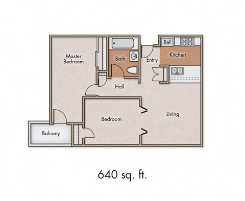 Floor plan for 2 beds, 1 bath, 747 sqft