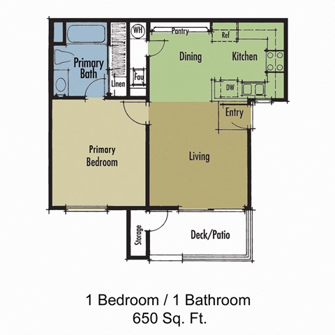 Floor plan for 1 bed, 1 bath, 650 sqft