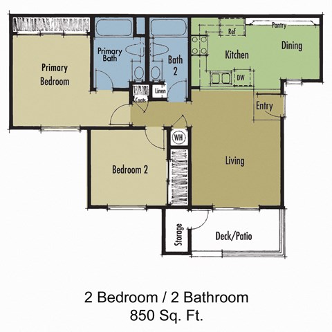 Floor plan for 2 beds, 2 baths, 850 sqft