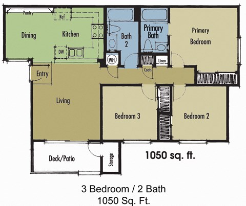 Floor plan for 3 beds, 2 baths, 1050 sqft