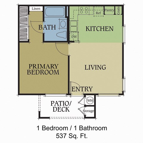 Floor plan for 1 bed, 1 bath, 537 sqft