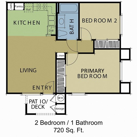 Floor plan for 2 beds, 1 bath, 720 sqft