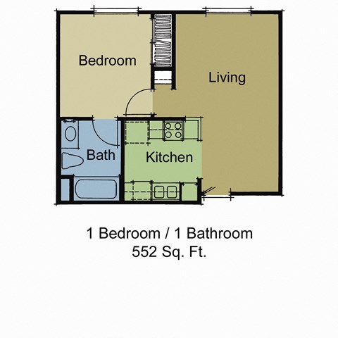 Floor plan for 1 bed, 1 bath, 552 sqft